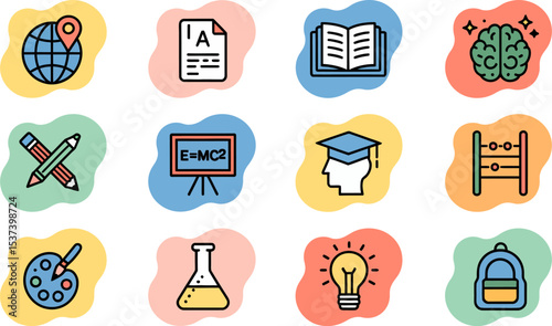 Illustration of education icons including globe, paper, book, brain, pencil and more icons