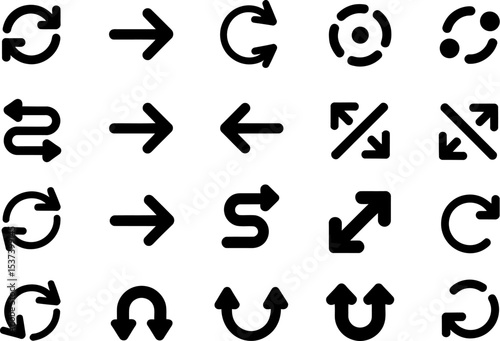 Display of various black arrow icons pointing in different directions and orientations on white