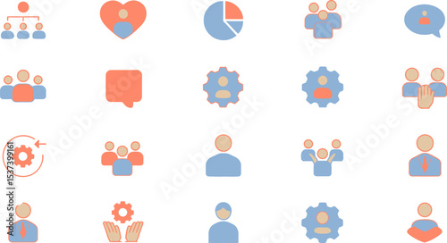 Various business and teamwork icons displayed on a white background in a colorful style