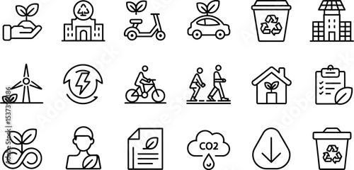 Illustration showing various environmental conservation and sustainability related line icons