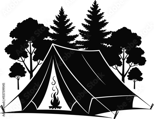 Camping Tent Silhouette with Campfire: Nature Scene for Outdoor Adventure Design