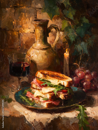 artistic rendering of gourmet sandwich with wine and grapes