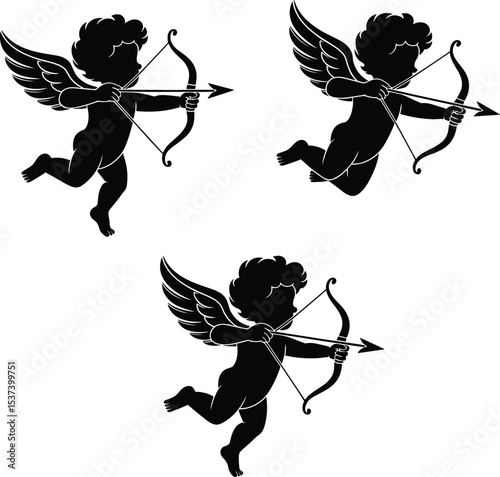 Cupid Silhouette Illustration Set: Romantic Angels with Bow and Arrow for Valentine's Day Design