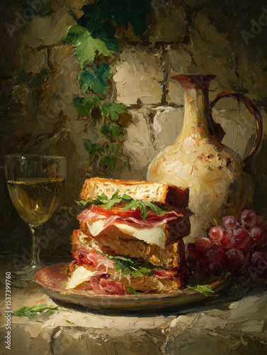illustration of gourmet sandwich with wine and grapes