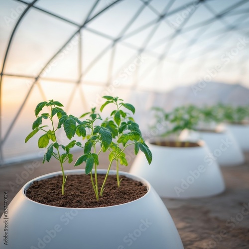 Young Tomato Plants in White Pots Inside Greenhouse, gardening , agriculture