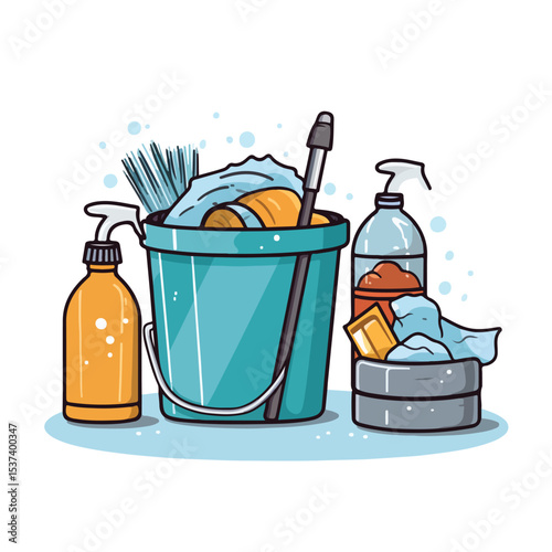 Professional Cleaning Equipment and Products: Trash Can and Soap Vector Illustration