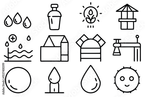 Minimalist outlined icons representing water resources water cycle and environmental protection concepts