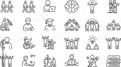 Illustration of line icons depicting various activities such as teamwork and education shown together