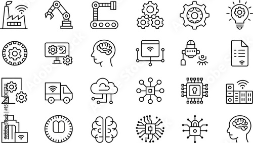 Collection of outline icons representing technology automation and artificial intelligence themes