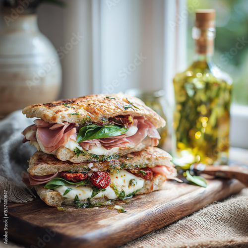 prosciutto and mozzarella panini with basil and sundried tomatoes