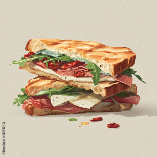 illustrated panini with prosciutto, arugula, and sundried tomatoes