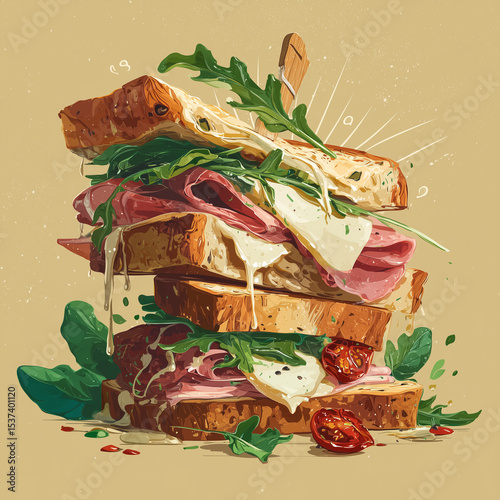 illustrated panini with prosciutto, arugula, and sundried tomatoes