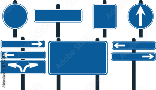 Illustration of various blue road signs including directional arrows and blank templates