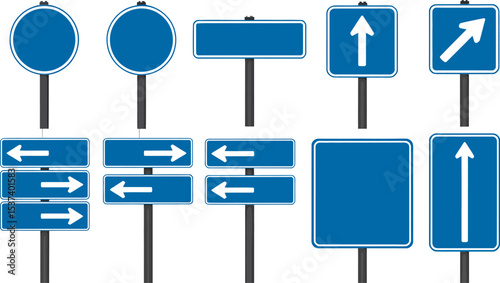 A collection of blue and white road signs with various shapes and arrow directions displayed neatly