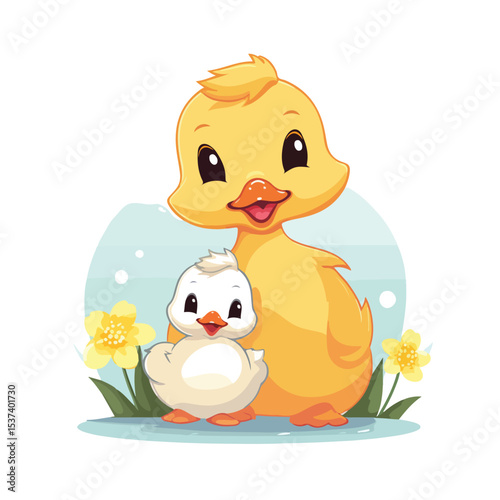 Adorable Mother Duck with Rabbit Easter Characters - Vector Illustration for Holiday Designs