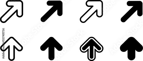 A collection of eight arrow icons pointing upwards and diagonally in black and white variations