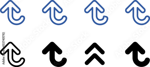 A collection of eight arrow icons pointing upwards with varying styles and thicknesses on light gray