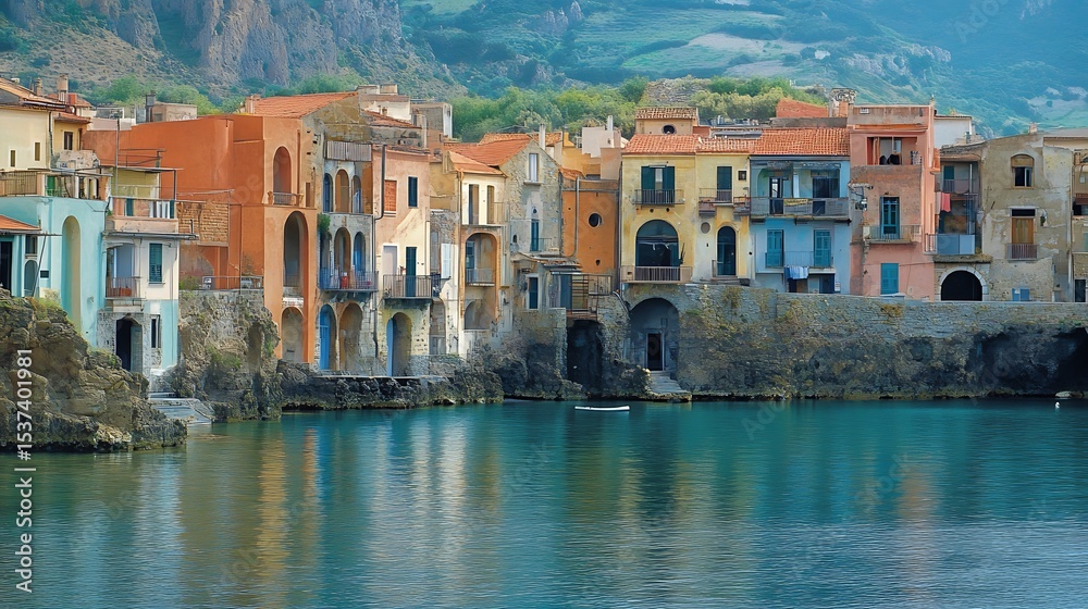 Obraz premium Beautiful coastal town of cefalù sicily italy with colorful buildings and clear blue water views travel tourism