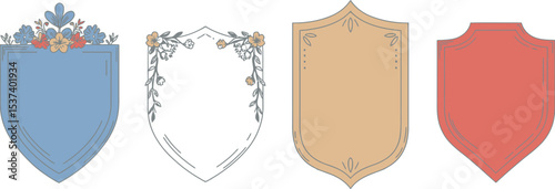 Four shields in pastel colors with floral decorations on a light background arranged in a row