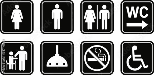 A collection of yellow square signs displaying various symbols for facilities and services