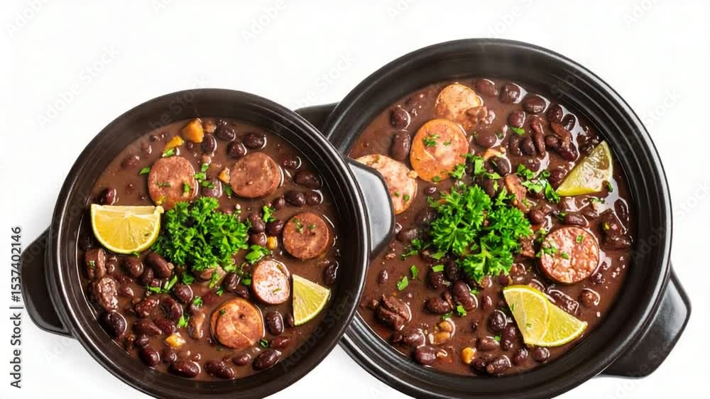 Serving Feijoada Authentic Black Bean Stew with Sausage in Bowls