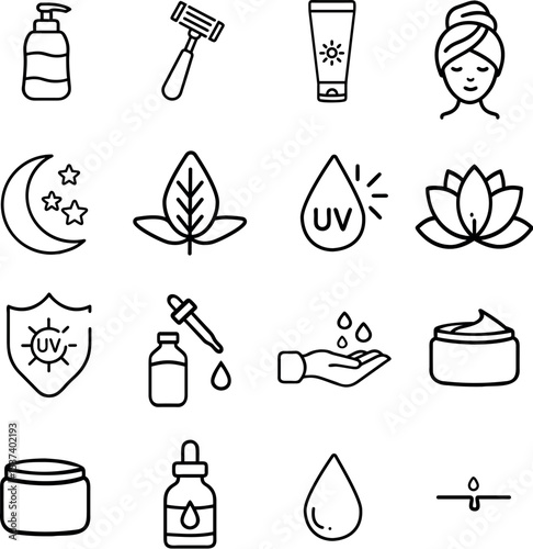 Set of 16 black and white linear icons for skincare: hydration, sun protection, natural ingredients, serums, and wellness. Minimalist style, perfect for branding.