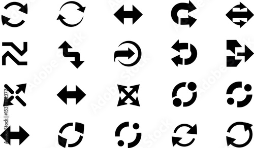 A collection of twenty black arrow icons with various shapes and directions on a white background