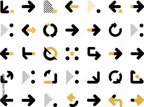 Display of various black and yellow arrow icons arranged on a white rectangular surface