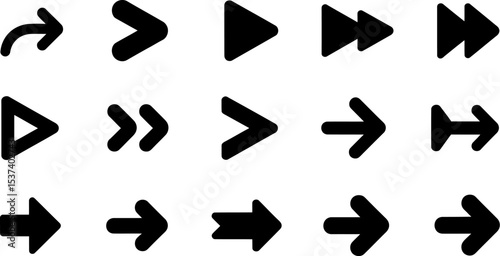 Fifteen black arrows in various shapes and directions on a white background display navigation