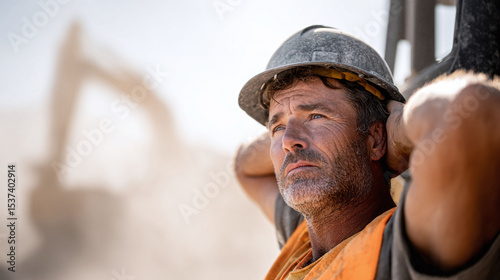 Contemplative construction worker in hardhat looks hopefully towards the future. Symbol of hard work, resilience and dedication in infrastructure projects.