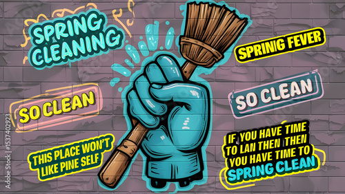 Graffiti Hand Holding Broom with Neon Spring Cleaning Stickers on Wall