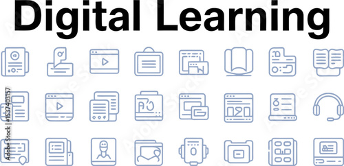 A collection of digital learning line icons representing online education and study tools set eighteen