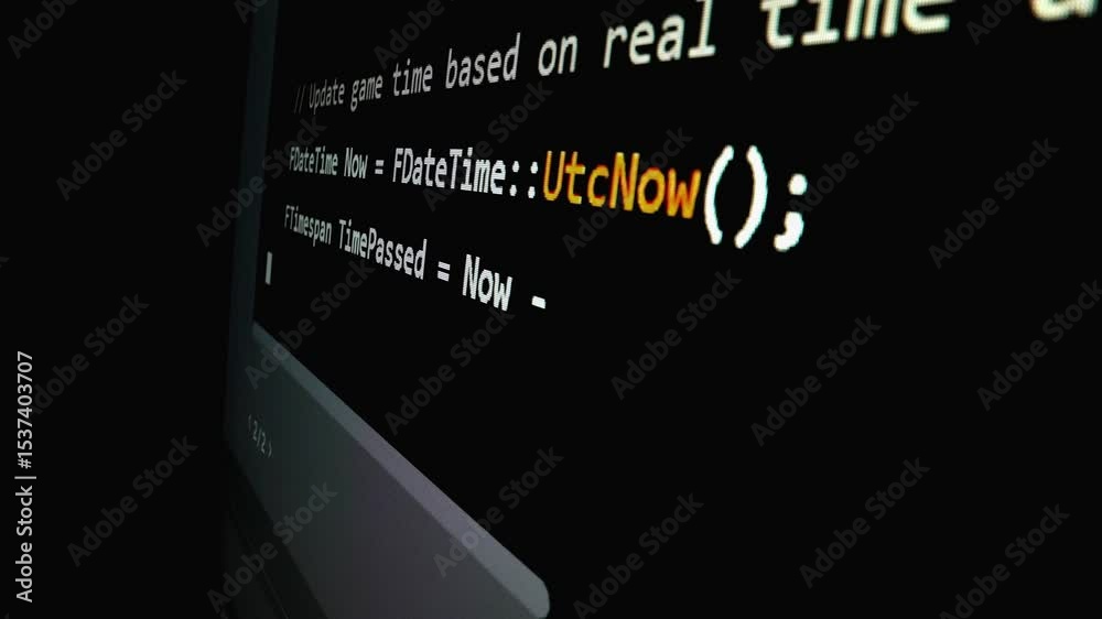 Closeup macro shot movement of coding script moving across LED screen with real-time AI-generated typing, showcasing advanced AI learning in optimization, debug and coding for software development.