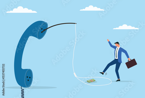 Vector illustration of a businessman falling for a fraudulent phone call, representing the dangers of deception, financial scams, and lack of awareness in the corporate world
