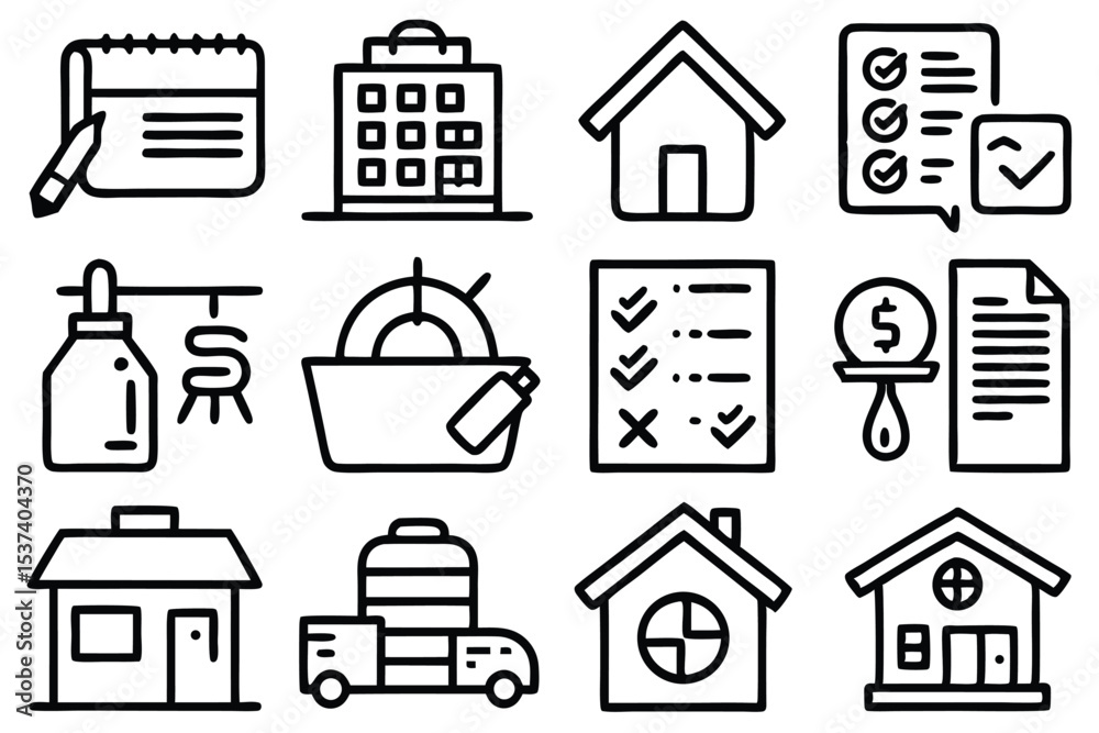 Simple hand drawn vector icons depicting real estate property investments and related finances Simple hand drawn vector icons depicting real estate property investments and related finances