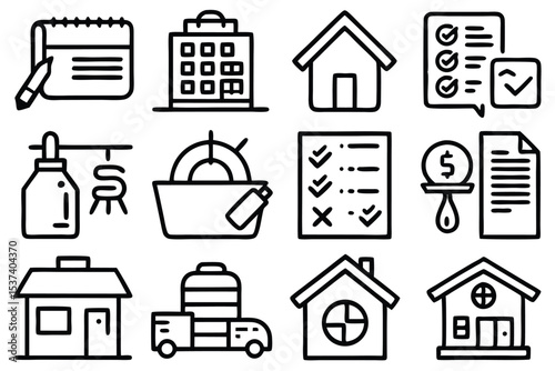 Simple hand drawn vector icons depicting real estate property investments and related finances