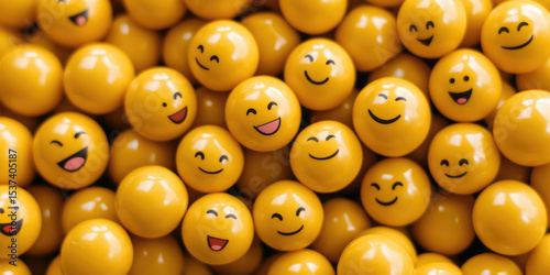 Yellow spheres with smiling faces are clustered closely together. Concept: Happiness, joy, emojis, playfulness, positive emotion