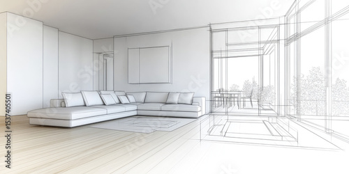 A modern living room features a sectional sofa, blending into a sketched outline of the room's architecture. Interior design concept, blending real and sketch elements