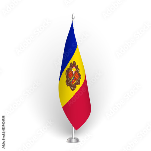 Andorra flag - 3D standard conference flag hanging on ground flagpole. Usable for summit, indoor meeting, board room, government office, press room or reception. Vector flag with shading