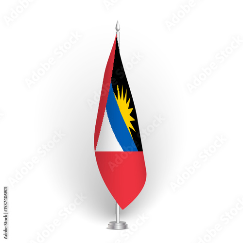 Antigua and Barbuda flag - 3D standard conference flag hanging on ground flagpole. Usable for summit, indoor meeting, board room, government office, press room or reception. Vector flag with shading