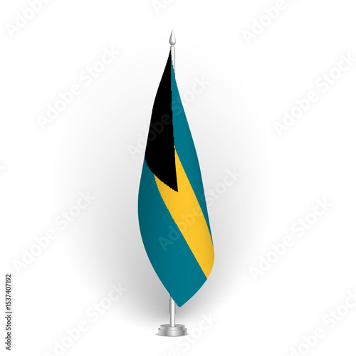 Bahamas flag - 3D standard conference flag hanging on ground flagpole. Usable for summit, indoor meeting, board room, government office, press room or reception. Vector flag with shading