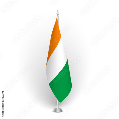 Cote d Ivoire flag - 3D standard conference flag hanging on ground flagpole. Usable for summit, indoor meeting, board room, government office, press room or reception. Vector flag with shading