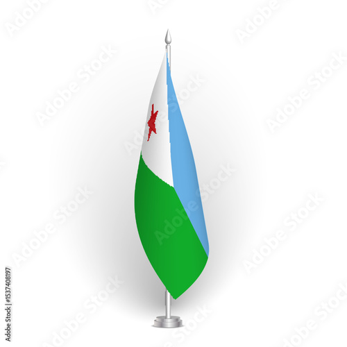Djibouti flag - 3D standard conference flag hanging on ground flagpole. Usable for summit, indoor meeting, board room, government office, press room or reception. Vector flag with shading