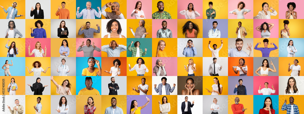 Obraz premium A dynamic collection showcases diverse individuals with unique hairstyles, clothing, and smiles, conveying a sense of unity and celebration. The colorful backdrop adds vibrancy to their lively poses.