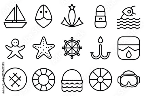 Collection of nautical and marine themed outline icons perfect for travel adventure and seaside related design elements