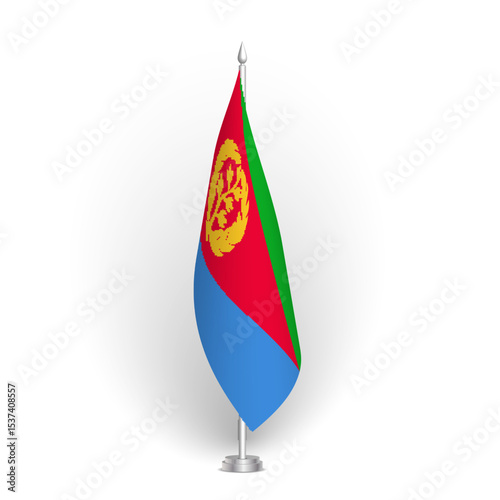 Eritrea flag - 3D standard conference flag hanging on ground flagpole. Usable for summit, indoor meeting, board room, government office, press room or reception. Vector flag with shading