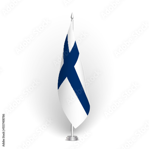 Finland flag - 3D standard conference flag hanging on ground flagpole. Usable for summit, indoor meeting, board room, government office, press room or reception. Vector flag with shading
