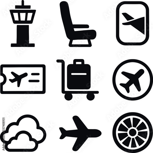 Black icons of air travel featuring control tower, airplane seat, boarding pass, cloud, aircraft, and turbine.