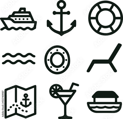 Simple nautical vector icons featuring cruise ship, anchor, cocktail, porthole, sea waves, and folded map.