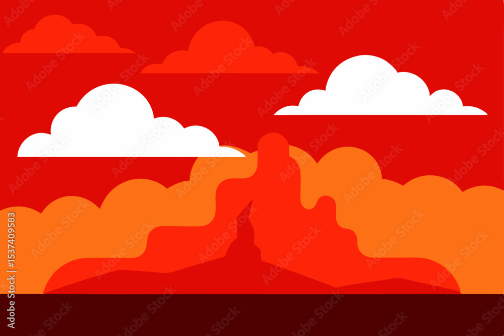 Fiery Sunset Landscape Abstract Red and Orange Hues with Clouds
